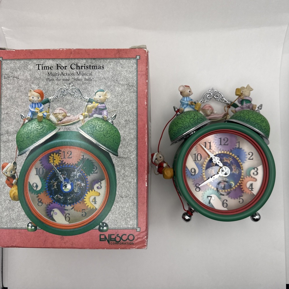 1991 Enesco TIME FOR CHRISTMAS Animated Mice Music Box SILVER BELLS Vintage